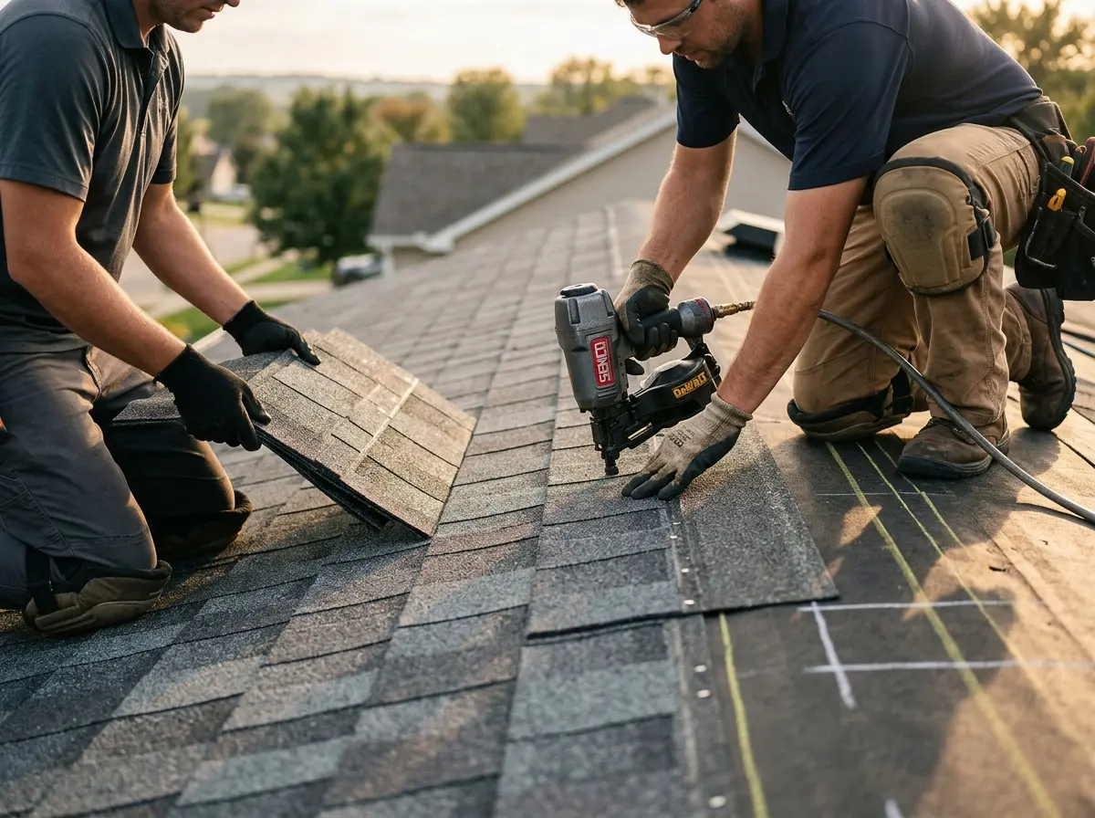 Professional roofer working on a residential roof in Orchard Park